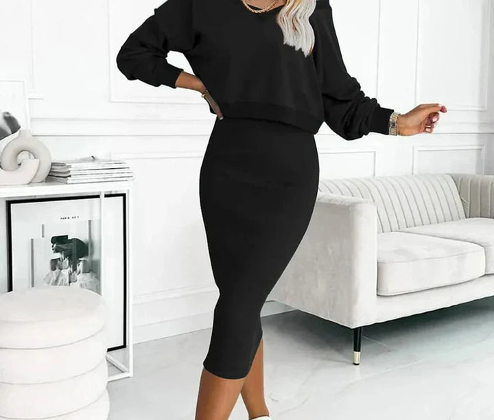 Nora | Damen Midikleid mit Sweatshirt-Oberteil figurbetontes Zweiteiler-Set 0