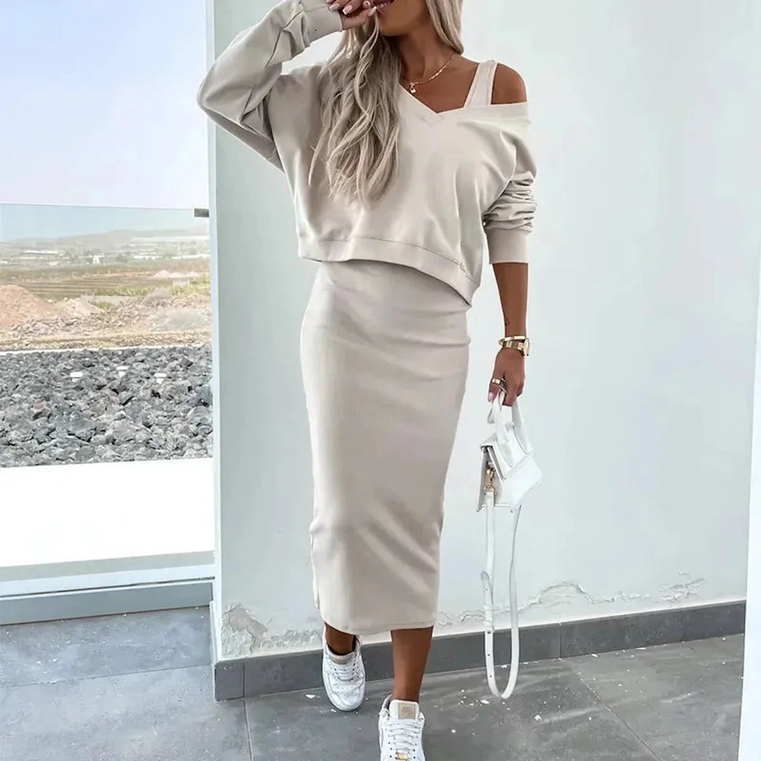 Nora | Damen Midikleid mit Sweatshirt-Oberteil figurbetontes Zweiteiler-Set 3