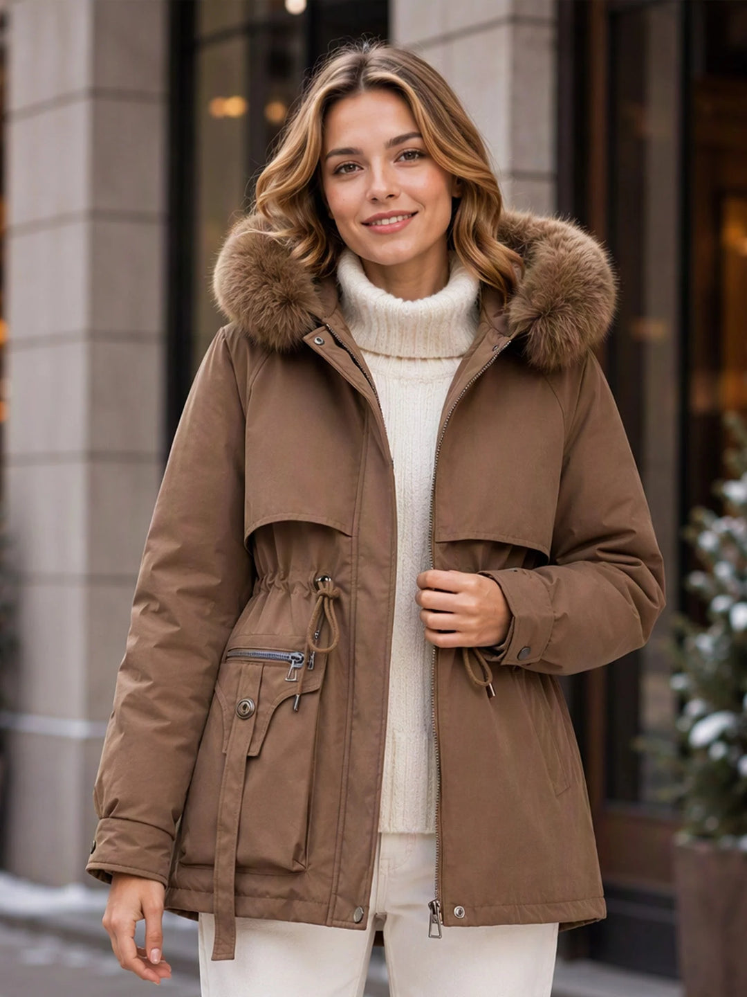 Ronja | Damen wattierter Parka in mittlerer Länge mit Taillenzug und Druckknöpfen 3