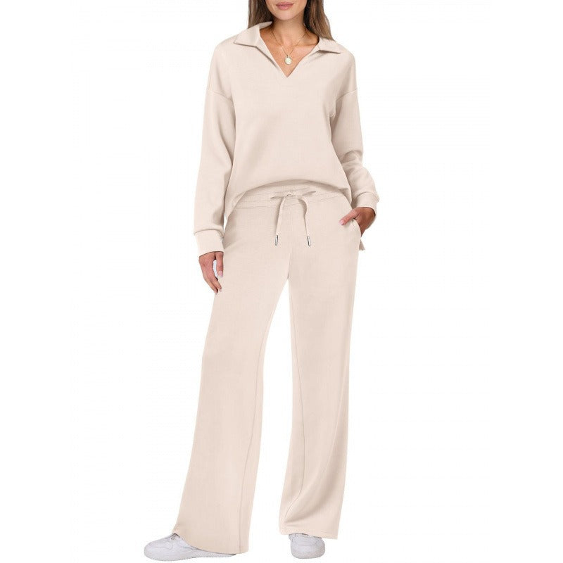 Women's Lounge Set - Half Zip Top & Wide Leg Pants - Stylish Loungewear for Casual Outings & Relaxation