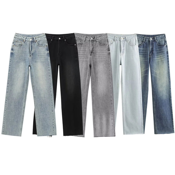 Women's High-Waisted Wide Leg Jeans Vintage Wash Casual Denim Pants 1