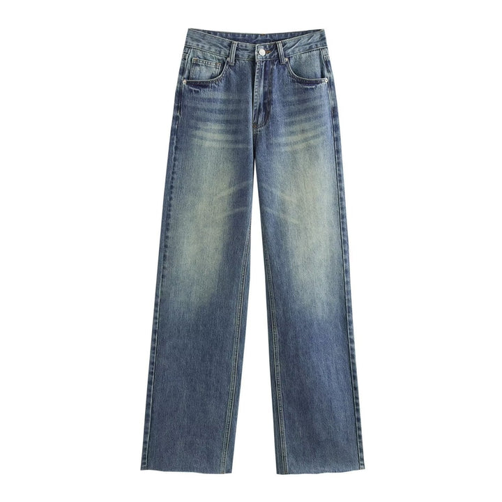 Women's High-Waisted Wide Leg Jeans Vintage Wash Casual Denim Pants 5