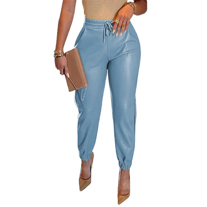 Women’s Slim Fit Sporty Leather Trousers with Elastic Waistband 0