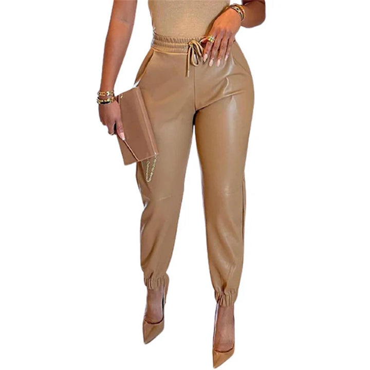 Women’s Slim Fit Sporty Leather Trousers with Elastic Waistband 8
