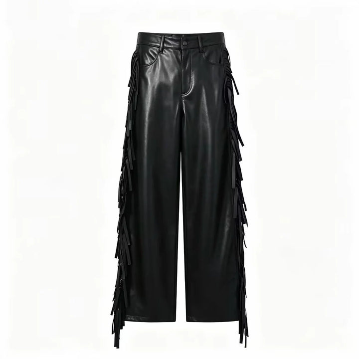 Women's Trousers with Fringe Trim - Stylish Relaxed Fit Faux Leather Pants for Modern Fashion 0