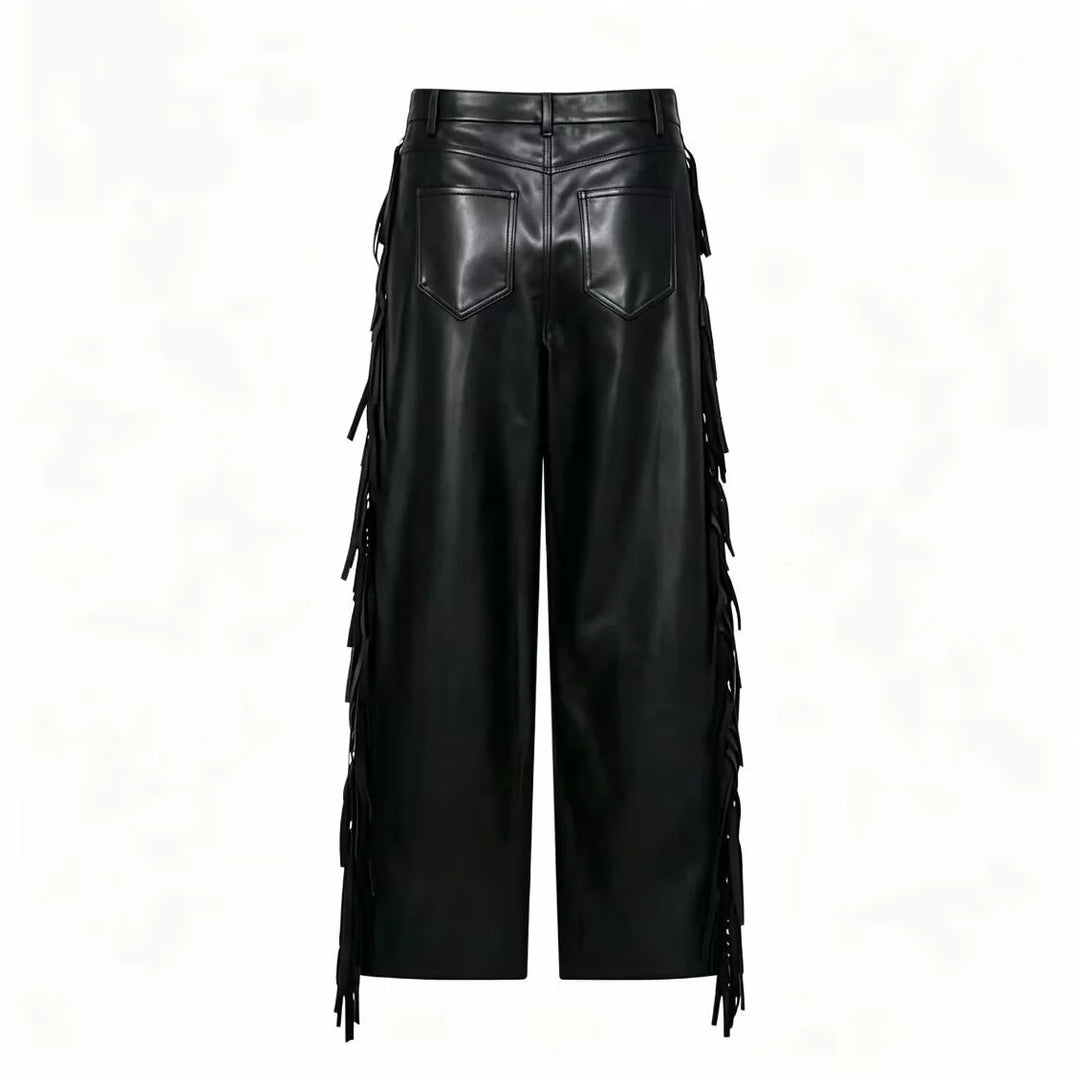 Women's Trousers with Fringe Trim - Stylish Relaxed Fit Faux Leather Pants for Modern Fashion 1