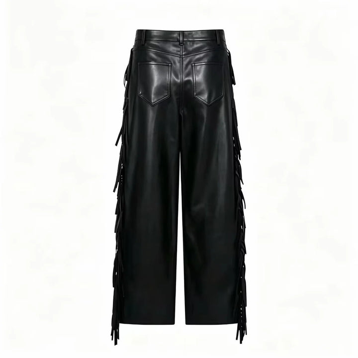 Women's Trousers with Fringe Trim - Stylish Relaxed Fit Faux Leather Pants for Modern Fashion 1