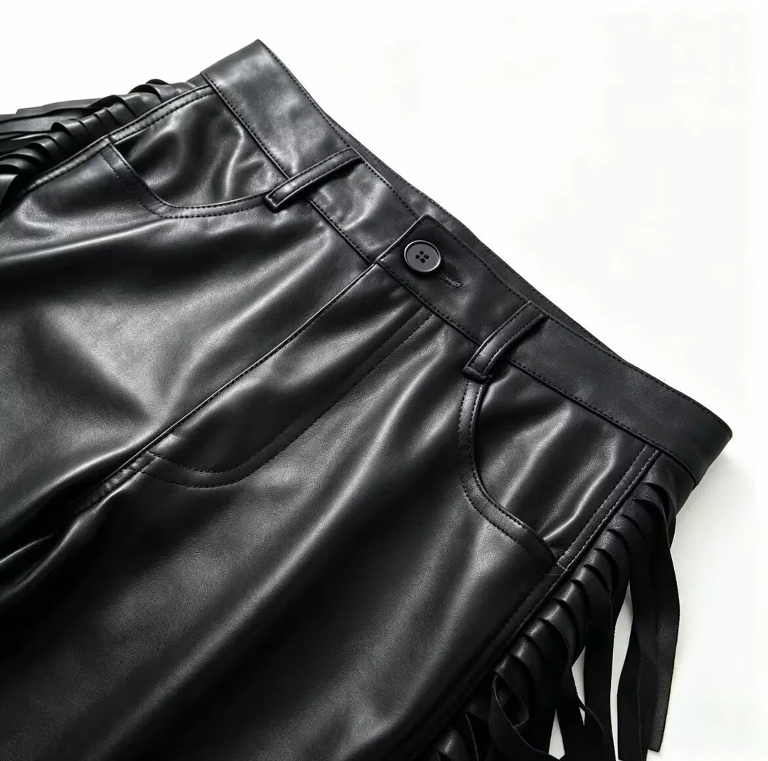 Women's Trousers with Fringe Trim - Stylish Relaxed Fit Faux Leather Pants for Modern Fashion 2