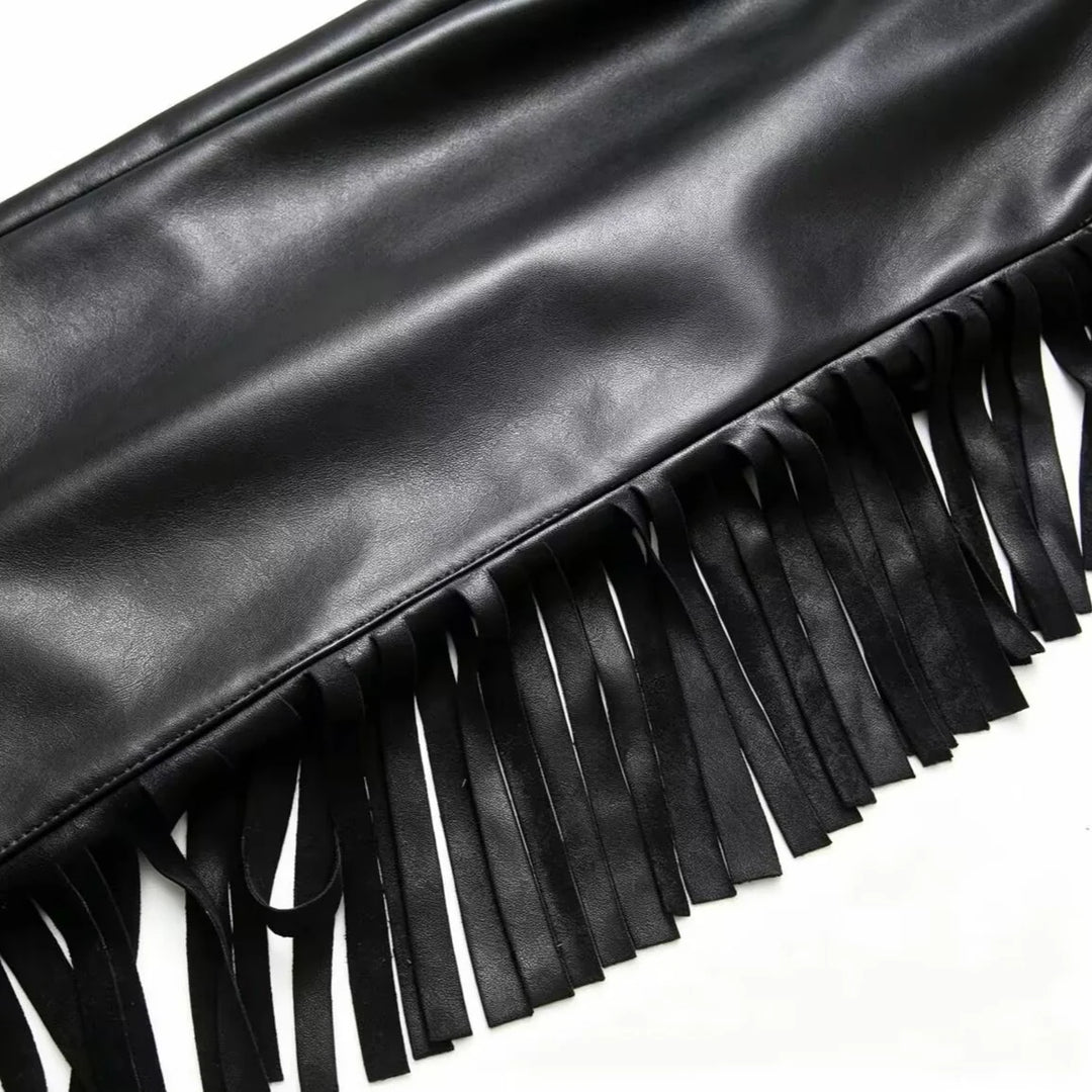 Women's Trousers with Fringe Trim - Stylish Relaxed Fit Faux Leather Pants for Modern Fashion 3
