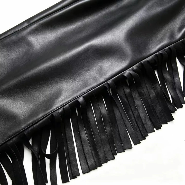 Women's Trousers with Fringe Trim - Stylish Relaxed Fit Faux Leather Pants for Modern Fashion 3