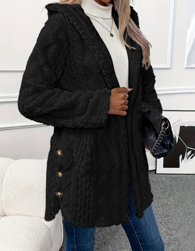 Annika Women's Fluffy Hooded Cardigan Oversized Button-Up