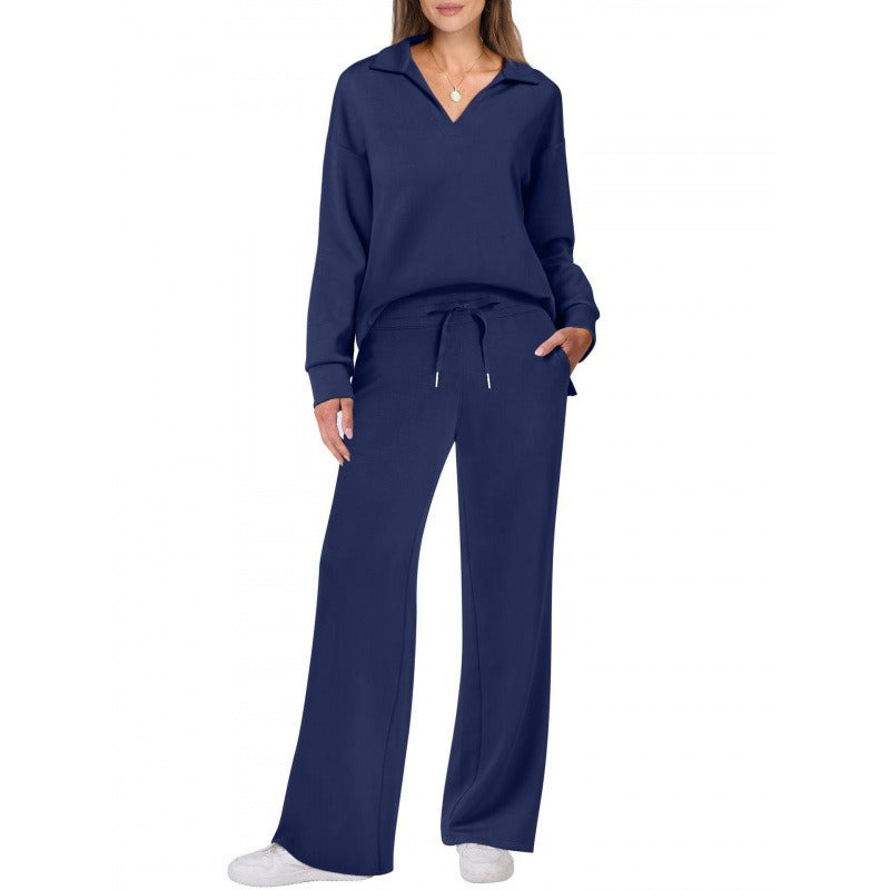 Women's Lounge Set - Half Zip Top & Wide Leg Pants - Stylish Loungewear for Casual Outings & Relaxation