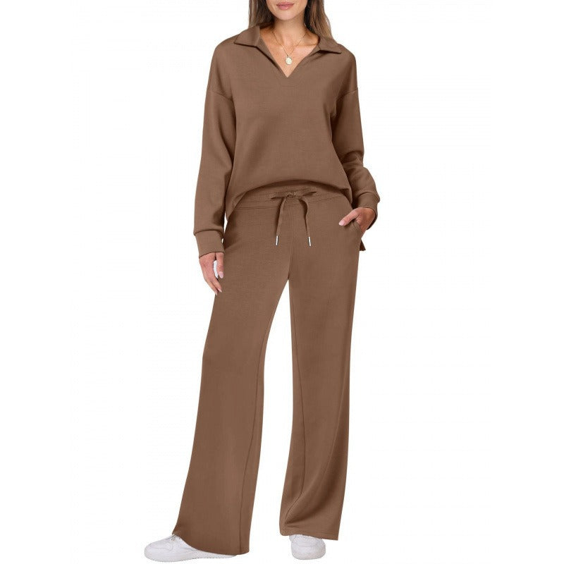 Women's Lounge Set - Half Zip Top & Wide Leg Pants - Stylish Loungewear for Casual Outings & Relaxation