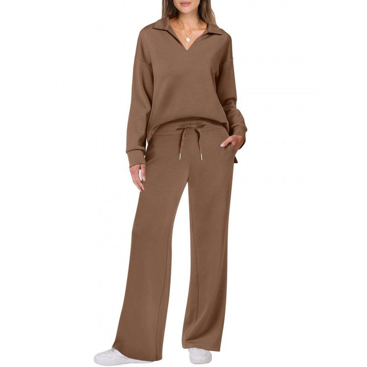 Women's Lounge Set - Half Zip Top & Wide Leg Pants - Stylish Loungewear for Casual Outings & Relaxation