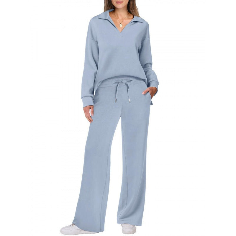 Women's Lounge Set - Half Zip Top & Wide Leg Pants - Stylish Loungewear for Casual Outings & Relaxation
