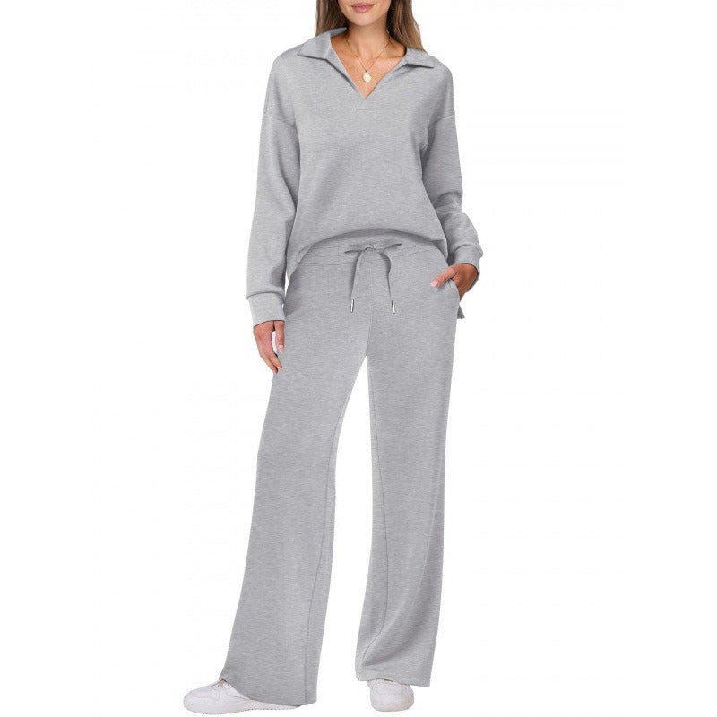 Women's Lounge Set - Half Zip Top & Wide Leg Pants - Stylish Loungewear for Casual Outings & Relaxation
