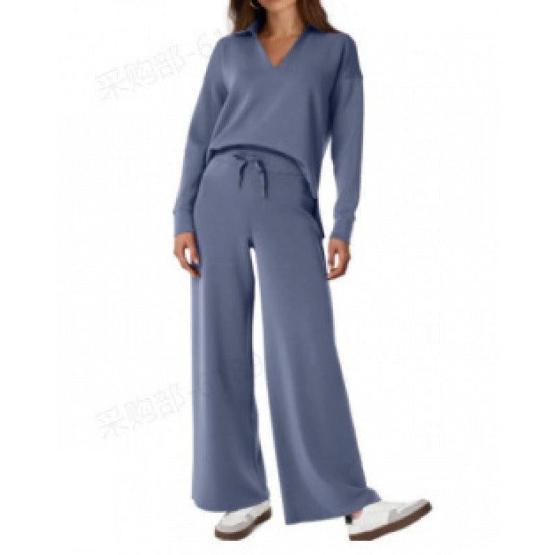 Women's Lounge Set - Half Zip Top & Wide Leg Pants - Stylish Loungewear for Casual Outings & Relaxation