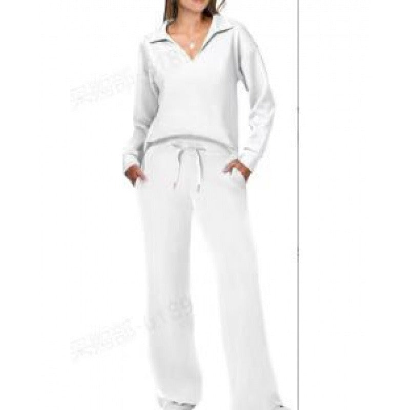 Women's Lounge Set - Half Zip Top & Wide Leg Pants - Stylish Loungewear for Casual Outings & Relaxation