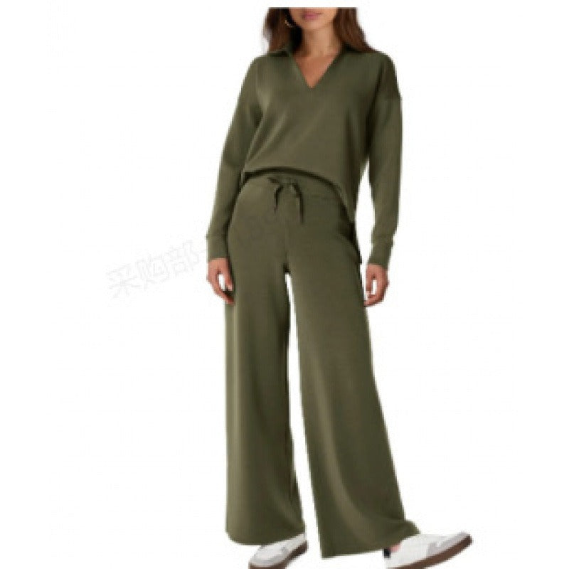 Women's Lounge Set - Half Zip Top & Wide Leg Pants - Stylish Loungewear for Casual Outings & Relaxation