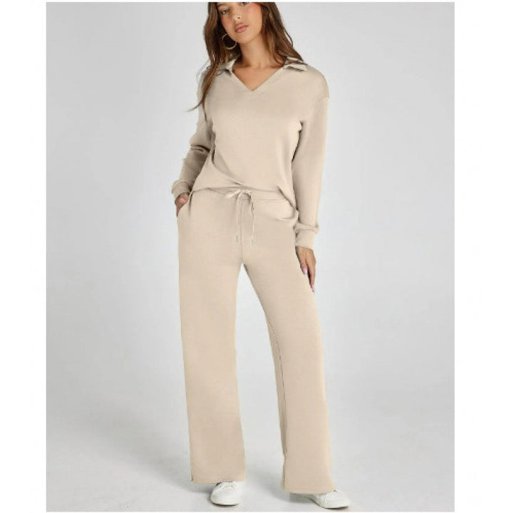 Women's Lounge Set - Half Zip Top & Wide Leg Pants - Stylish Loungewear for Casual Outings & Relaxation