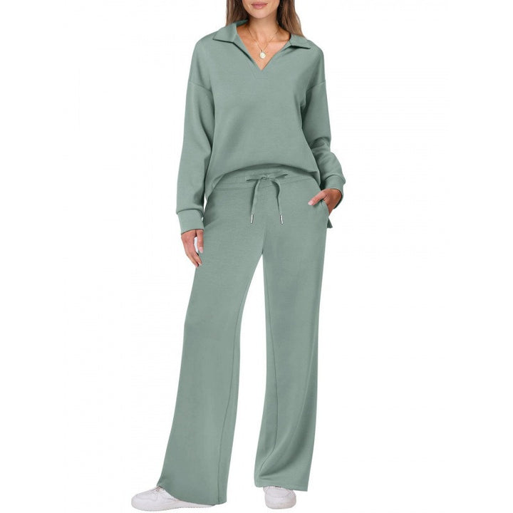 Women's Lounge Set - Half Zip Top & Wide Leg Pants - Stylish Loungewear for Casual Outings & Relaxation